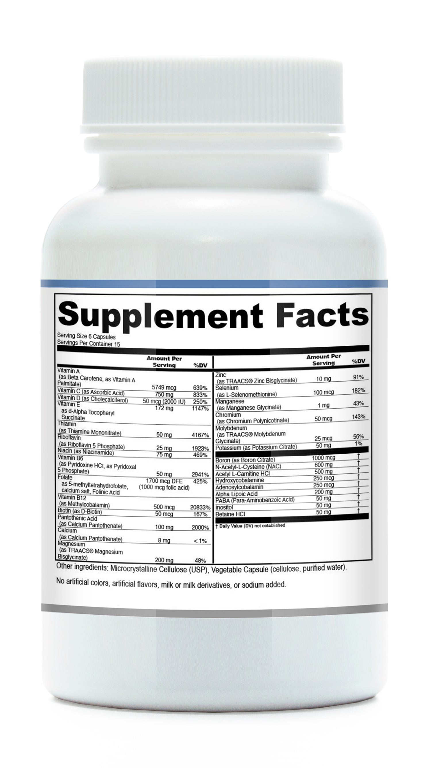 Supplement facts for Energy Complete multivitamin for energy in a white bottle.