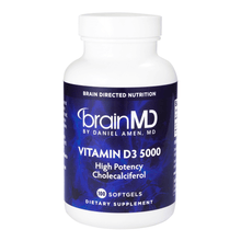 Vitamin D3 5000 bottle, high potency cholecalciferol dietary supplement by BrainMD, 100 softgels.